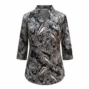 Ceasikery Size M Black & White Paisley V-Neck 3/4 Sleeve Tunic Top